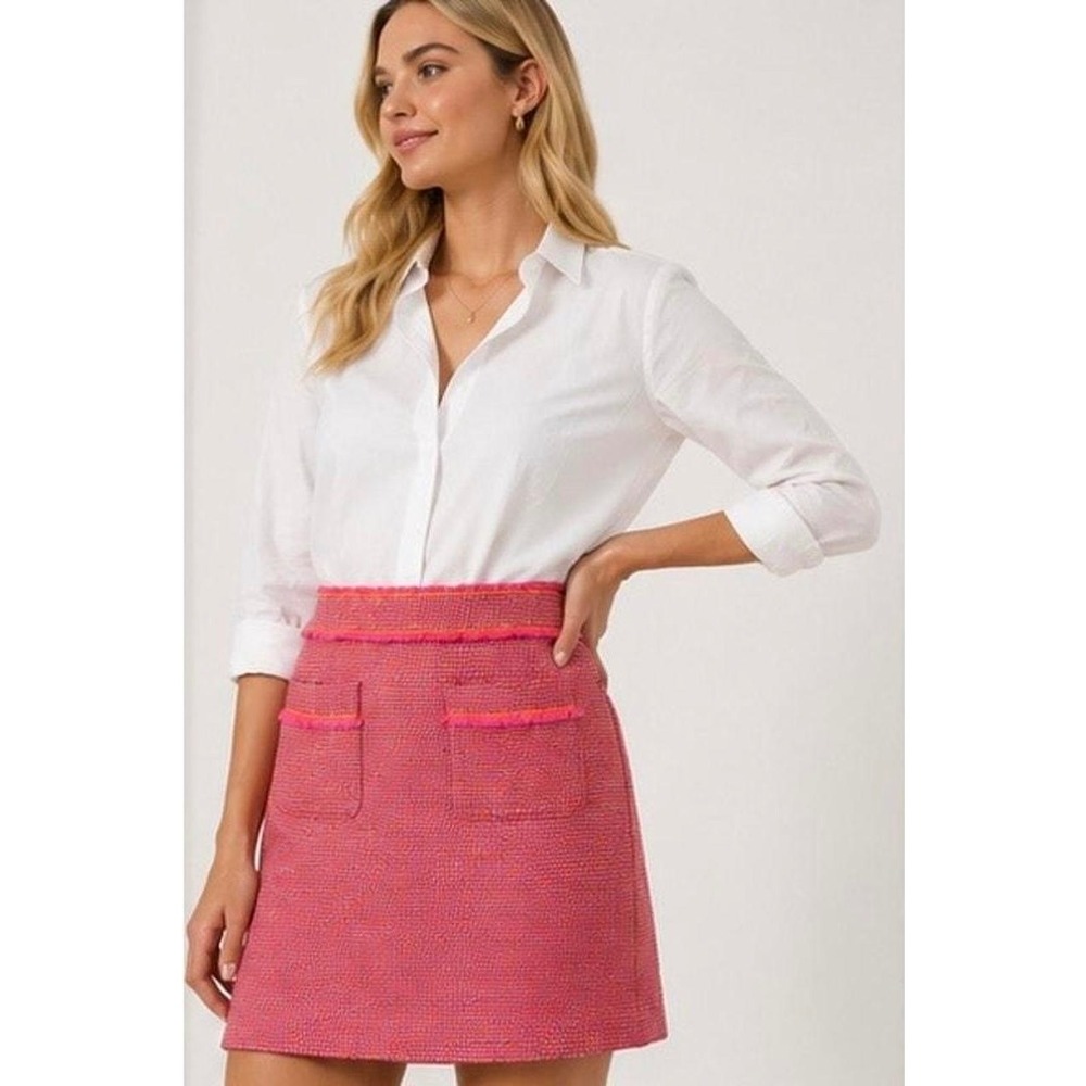 J. CREW Neon Pink & Orange Fringe Tweed A-Line Mini Skirt 8 Bright Preppy